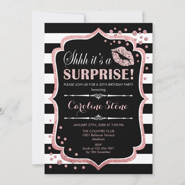 Convites Festa de aniversário surpresa - Rosa preto Dourado (Frente)