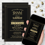 Convites Festa de aniversário surpresa Shhh! Preto Elegante<br><div class="desc">Você pode guardar um segredo? Convide a família e os amigos para uma elegante e excitante celebração de aniversário surpresa com convites de festas pretos e dourados personalizados. Toda a redação desta modelo é simples de personalizar, incluindo a mensagem que diz "Shhh! É uma SURPRESA." O design apresenta uma fronteira...</div>