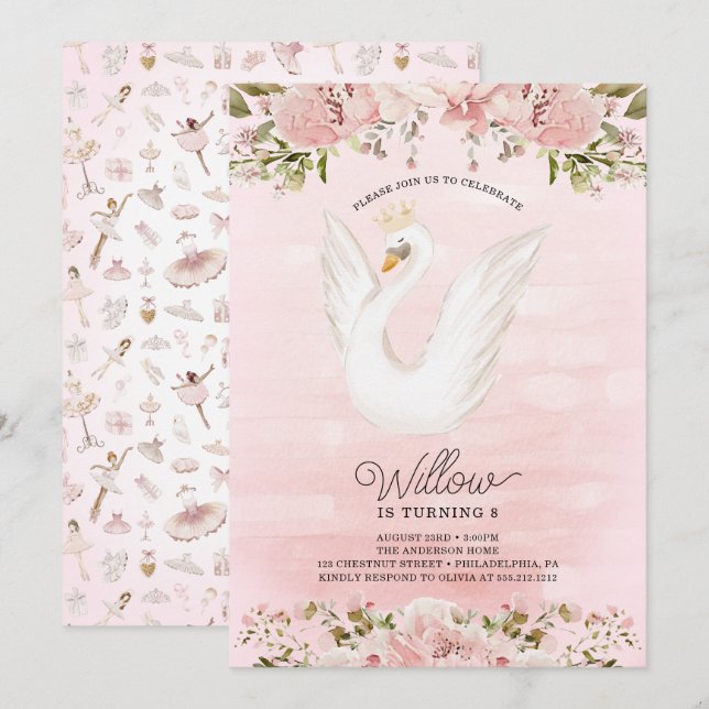Convites Festa de aniversário Swan Princess Ballerina Girl (Frente/Verso)