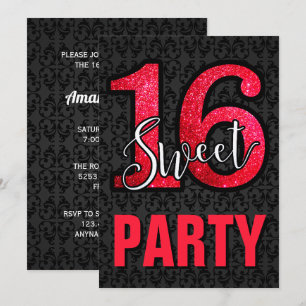 Convites Festa de Aniversário Sweet 16 Damasco Preto Brilho