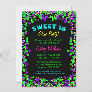 Convites Festa de Aniversário Sweet 16 Neon Glow Confetti