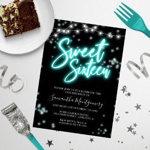 Convites Festa de Aniversário Sweet 16 Neon Teal Glow Dark