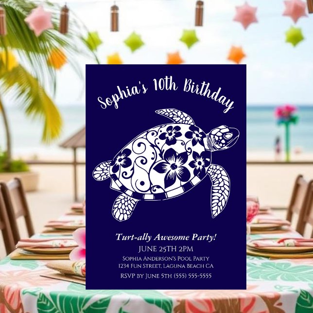 Convites Festa de Aniversário-Tartaruga Havaiana (Birthday Party Invitation, Hawaiian Turtle, Tropical Flowers, Hawaiian Tribal, summer, beach, pool)