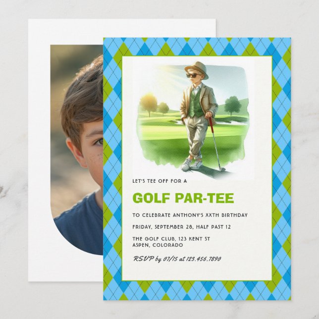 Convites Festa de Aniversário Tema Golfe Par-Tee Kids Golf (Frente/Verso)