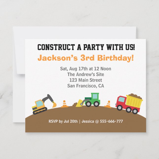 Convites Festa de Aniversário Tema Veículos de Construção p (Frente)