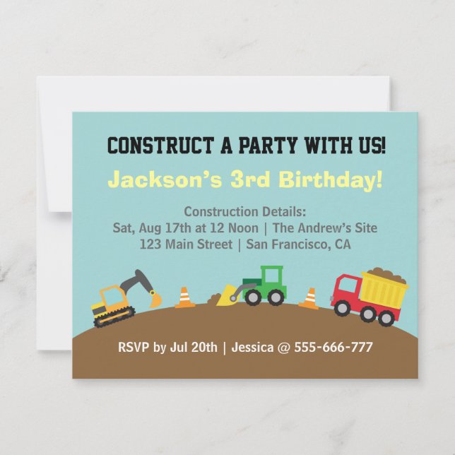 Convites Festa de Aniversário Tema Veículos de Construção p (Frente)