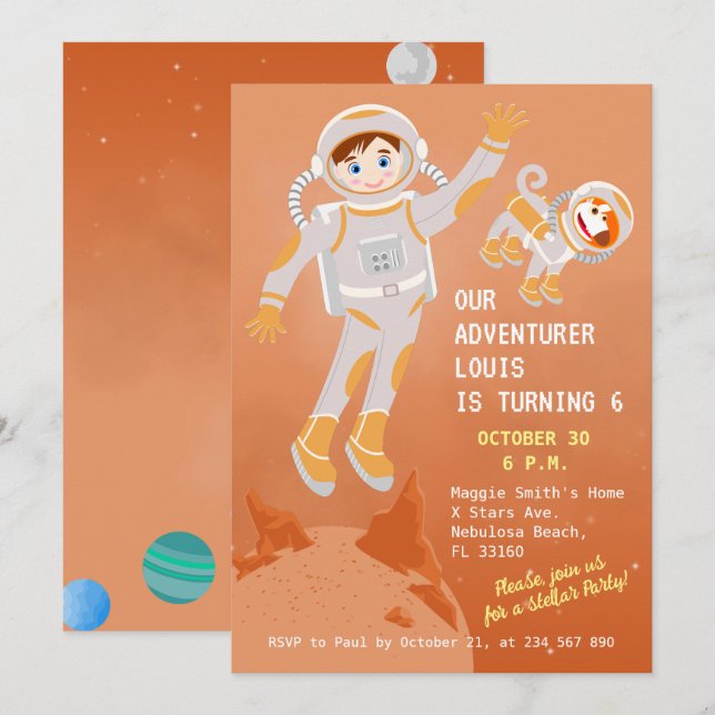 Convites Festa de aniversário temática de menino astronauta (Frente/Verso)