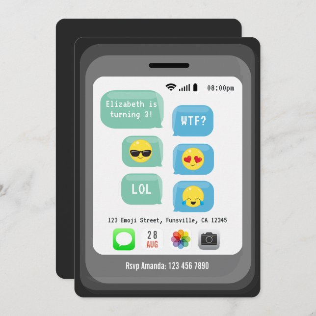 Convites Festa de aniversário temática Emoji (Frente/Verso)