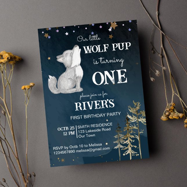 Convites Festa de aniversário temida de lobo pequeno (Wolf themed birthday party invitation template little pup woodlands wild one invitation)