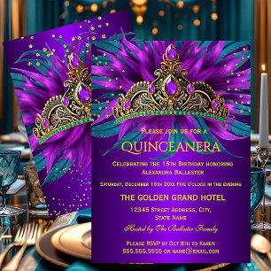 Convites Festa de Aniversário Tiara Roxo Azul Turquesa Quin