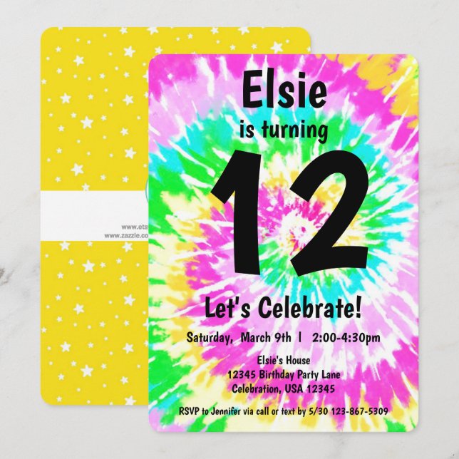 Convites Festa de aniversário Tie Dye Girl (Frente/Verso)