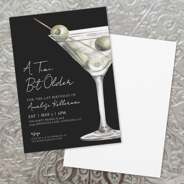Convites Festa de Aniversário Tini Bit Older Black Martini (A Tini Bit Older Martini Birthday Party Invitation)