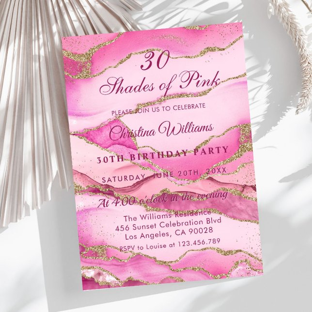 Convites Festa de Aniversário Tons Elegantes de Rosa (Elegant Pink and Gold Marble, Shades of Pink Birthday Party Invitation)