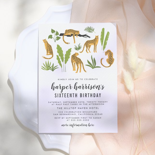 Convites Festa de aniversário tropical da selva de chita (Criador carregado)