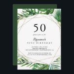Convites Festa de aniversário Tropical de Destino Geométric<br><div class="desc">Esse destino geométrico do convite de aniversário 50º tropical é perfeito para uma festa de aniversário moderna. O design apresenta palma verde-aquarela pintada à mão e folhas de bananeira bem organizadas em belos buquês,  enfeitando um quadro geométrico dourado.</div>