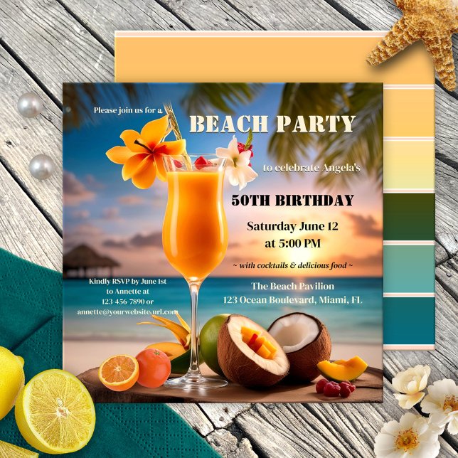 Convites Festa de aniversário Tropical de Verão (Summer cocktail party invitation featuring a sunset on the beach with fruits and festive drink)