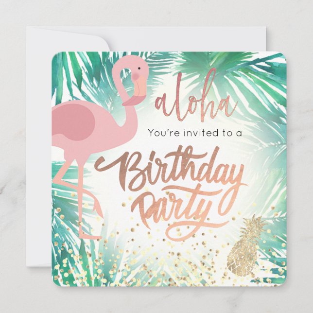 Convites festa de aniversário tropical flamingo (Frente)