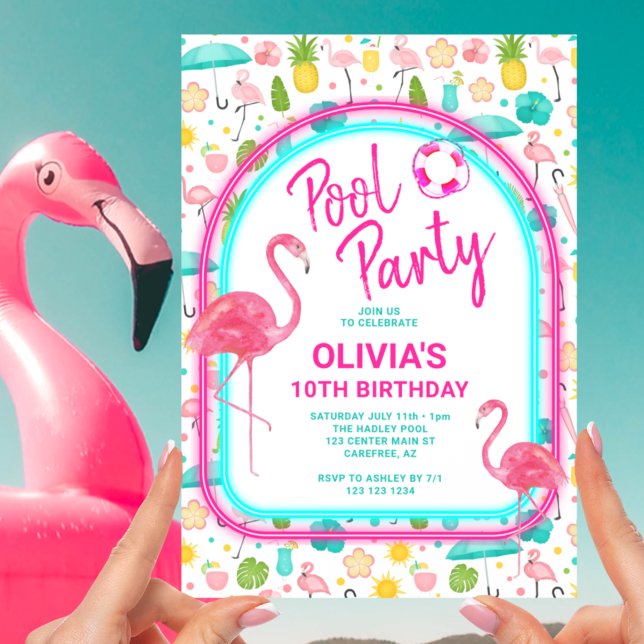 Convites Festa de Aniversário Tropical Flamingo na Piscina (Criador carregado)