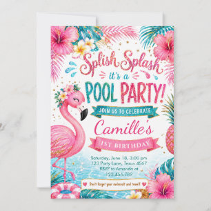 Convites Festa de Aniversário Tropical Flamingo Splash Pool