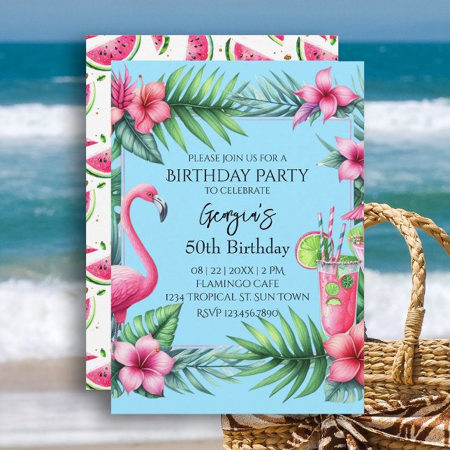 Convites Festa de aniversário Tropical Flamingo Watermelon (Tropical Flamingo Watermelon Birthday Party Invitation.  Celebrate your birthday with beach vibes.)