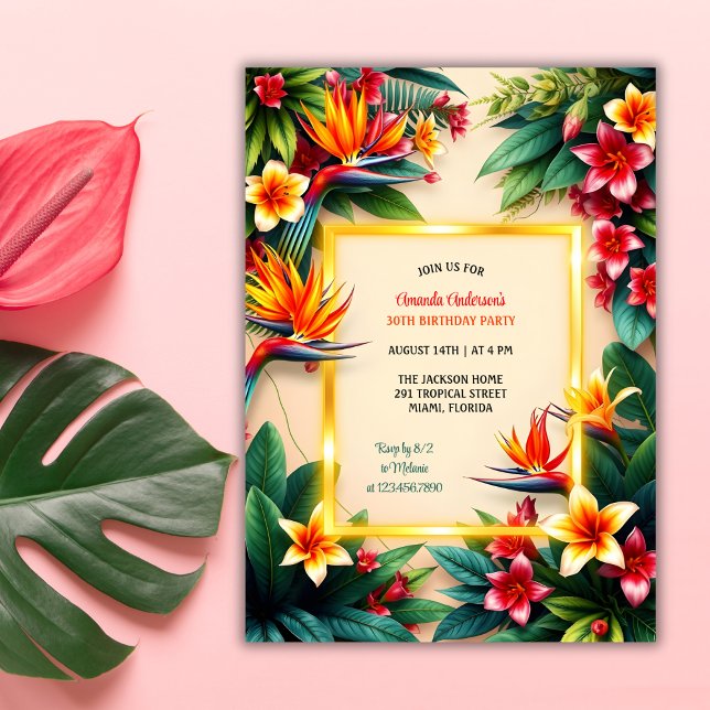 Convites Festa de aniversário Tropical Hawaiian Hibiscus Fl (Tropical Hawaiian Birthday Party Invitation with Hibiscus Flowers and Palm Leaves)