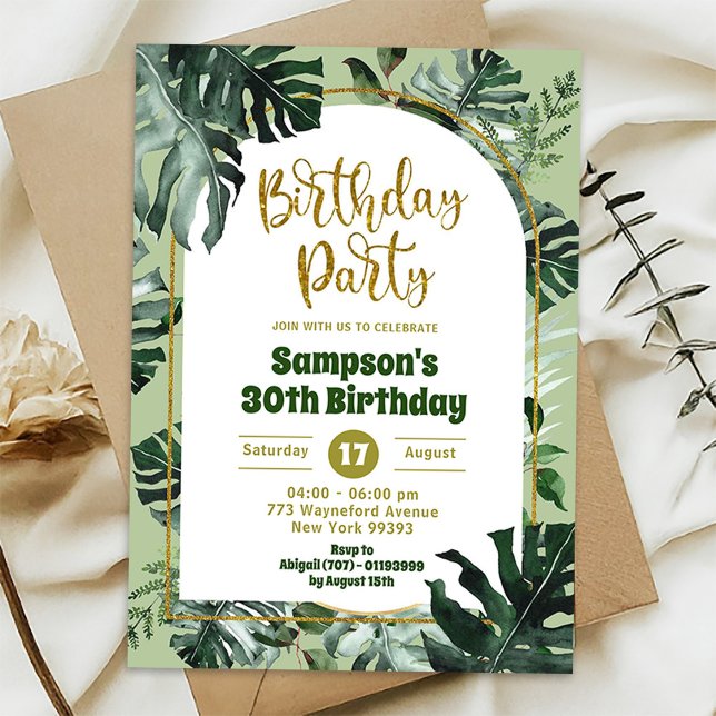 Convites Festa de Aniversário Tropical Monstera Verde da Se (Criador carregado)