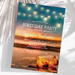 Convites Festa de aniversário Tropical Sunset Beach<br><div class="desc">Convites de aniversário de praia de verão com fundo de uma ilha tropical de praia por sol, um pote de mason com luzes cintilantes, luzes cintilantes de cordas e um modelo de texto de cebração. Clique no botão "Personalizar" para personalização adicional deste modelo. Você poderá modificar todo o texto, inclusive...</div>