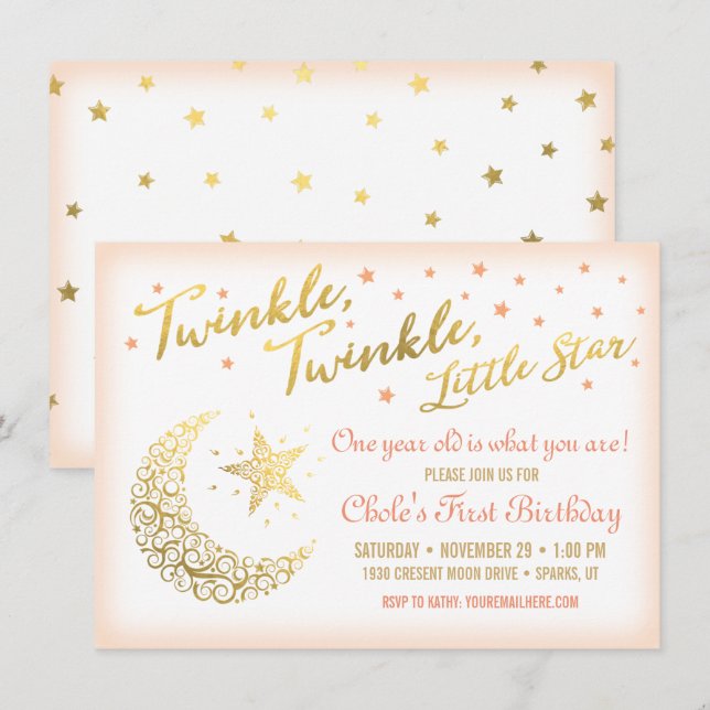 Convites Festa de Aniversário Twinkle, Twinkle, Little Star (Frente/Verso)