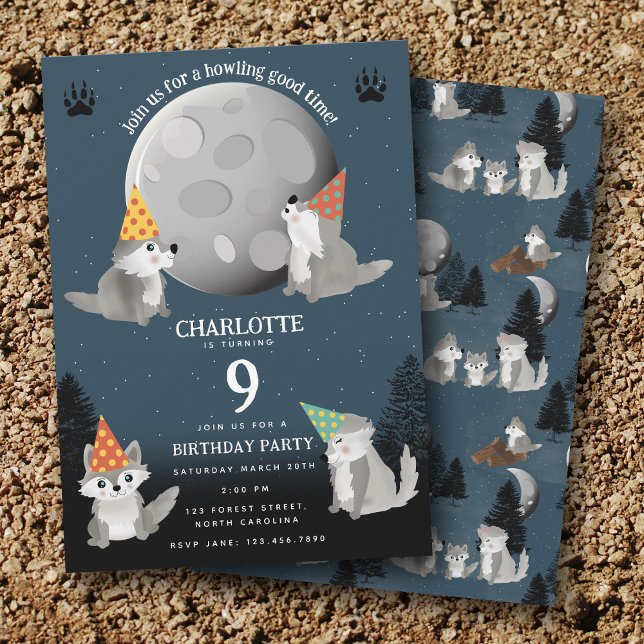 Convites Festa de Aniversário Uivando na Lua Cheia da Matil (Wolf Pack Woodland Moon Howling Birthday Party Invitation)