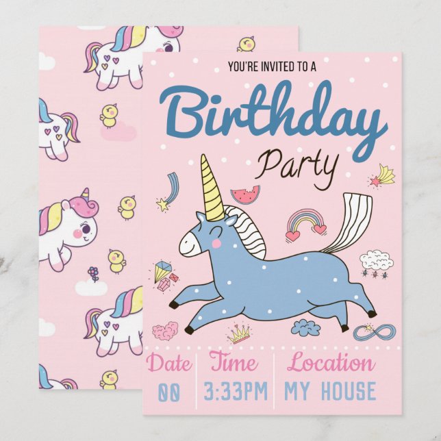 Convites Festa de aniversário Unicorn (Frente/Verso)