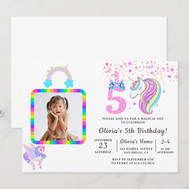 Convites Festa de aniversário Unicorn editável (Frente/Verso)
