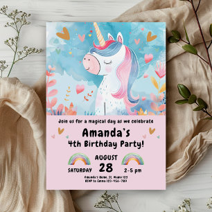Convites Festa de aniversário Unicorn para Meninas Rosa