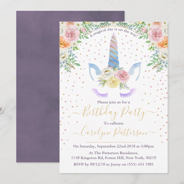 Convites Festa de aniversário Unicorna Chic Rainbow Waterco (Frente/Verso)