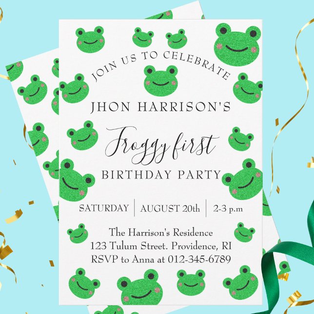 Convites Festa de aniversário verde 1ª Sapo Rã (Froggy First Birthday Party Green Frog Invitation)