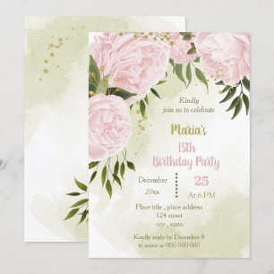 Convites  festa de aniversário verde de flores rosa fantá