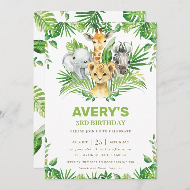 Convites Festa de aniversário verde dos animais Safari da s (Frente/Verso)