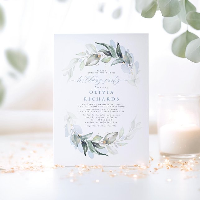 Convites Festa de aniversário verde Elegante Azul Dusty (Dusty Blue Greenery Birthday Invitations)
