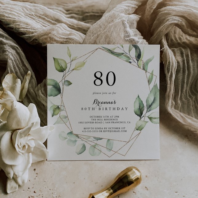 Convites Festa de aniversário Verde Elegante Dourada Geomét (Criador carregado)