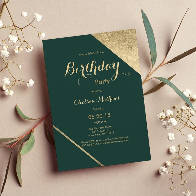 Convites Festa de aniversário verde-ouro florestal glamouro (Glamorous forest green gold chic Birthday Party Invitation)