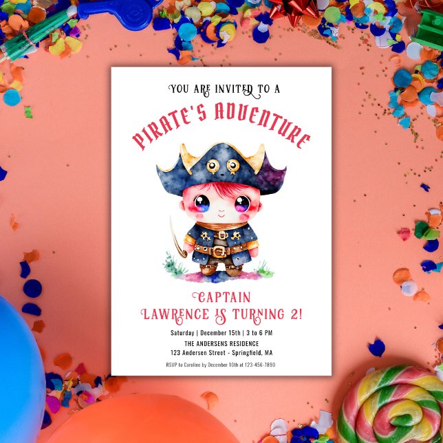 Convites Festa de aniversário Vermelha Bonita Pirata (Cute Little Pirate Boy Red Birthday Party Invitation)