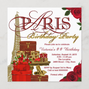 Convites Festa de Aniversário Vermelha e Dourada em Paris