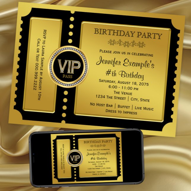 Convites Festa de Aniversário VIP Bilhete Dourado (Black gold VIP ticket invitation for any number birthday or event. Digital and printed.)