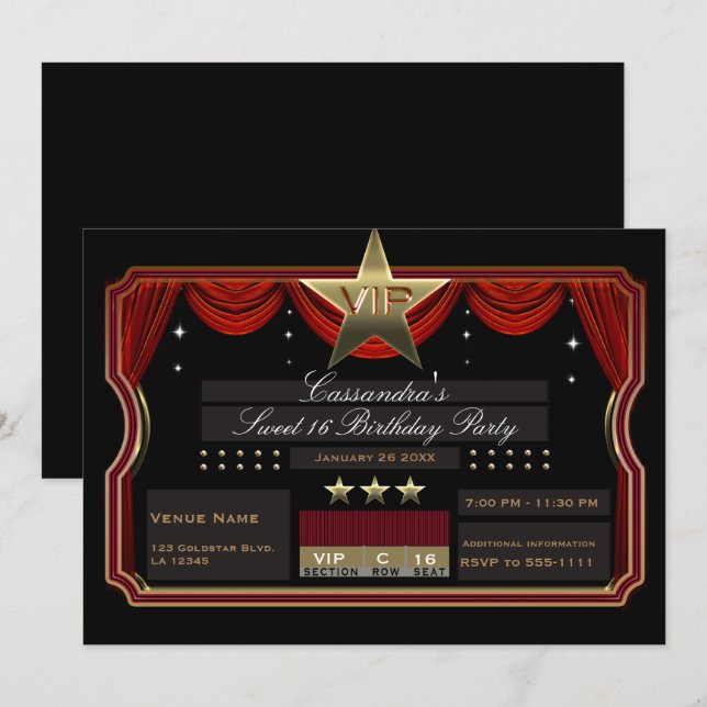 Convites Festa de Aniversário VIP Estrela Dourada Vermelha  (Frente/Verso)