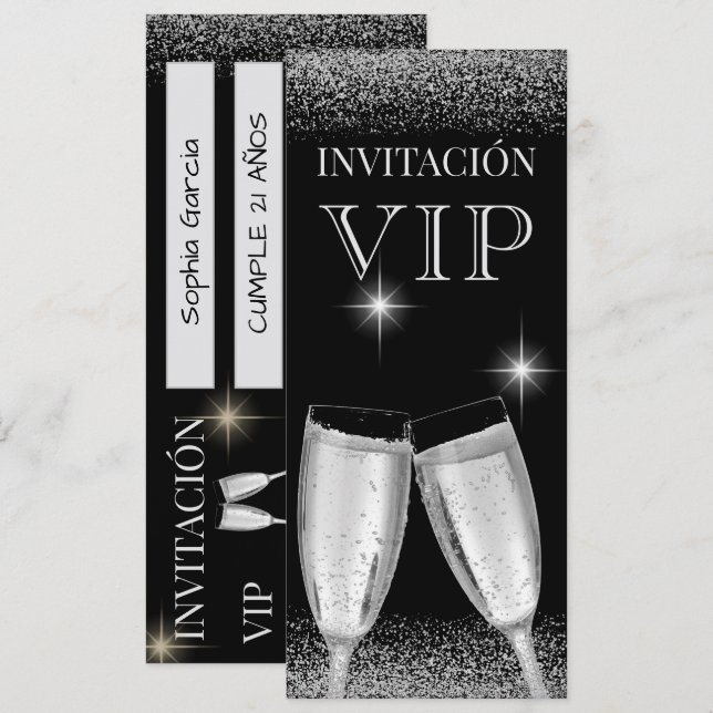 Convites Festa de Aniversário VIP Glitzy Prata Espanhola (Frente/Verso)
