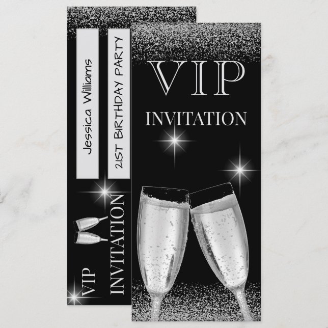 Convites Festa de Aniversário VIP Glitzy Silver (Frente/Verso)