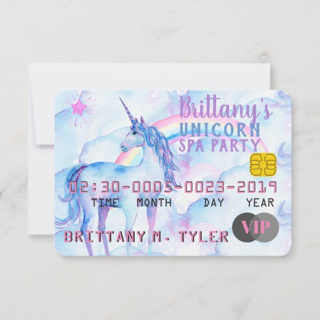 Convites Festa de aniversário VIP Rainbow Unicorn Spa (Frente)