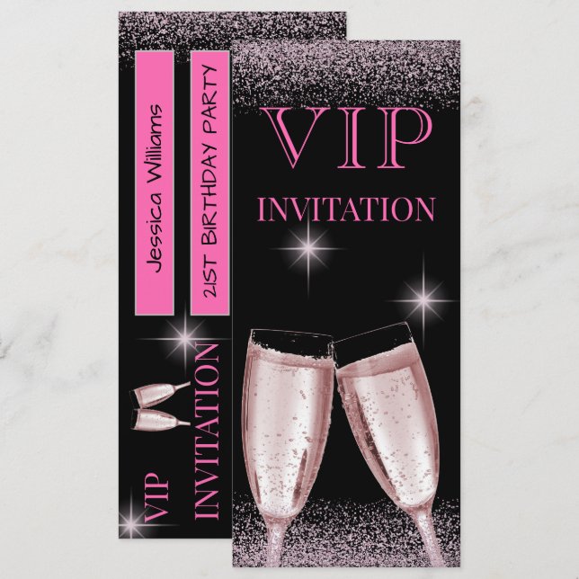 Convites Festa de Aniversário VIP Rosa Glamourosa (Frente/Verso)