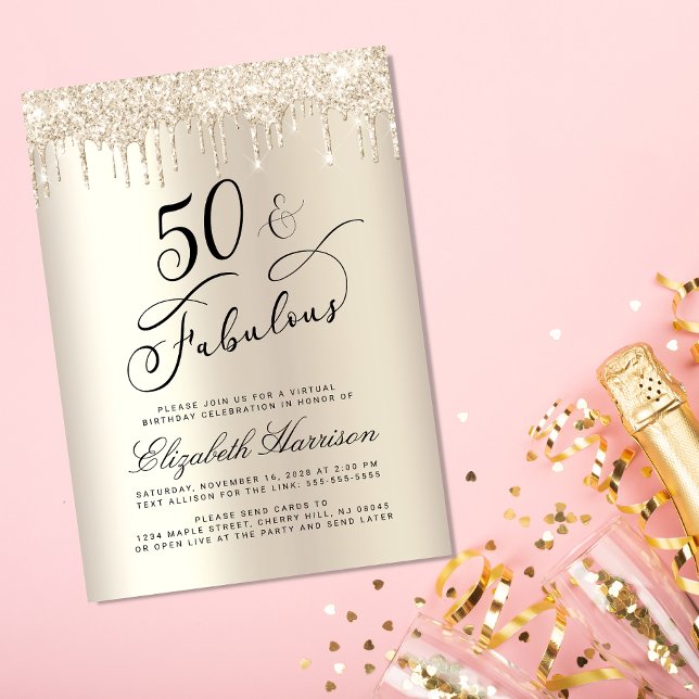 Convites Festa de aniversário Virtual 50ª Glitter Dourada E (Celebrate her 50 years of sparkle with an elegant gold glitter birthday party invitation  🎉 🎂 🥂)