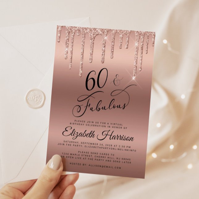 Convites Festa de aniversário Virtual 60ª Glitter Dourada (Celebrate her 60 years of sparkle with an elegant rose gold glitter birthday party invitation  🎉 🎂)