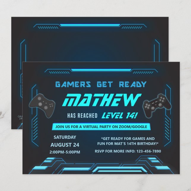 Convites Festa de aniversário Virtual Azul para Jogadores (Frente/Verso)